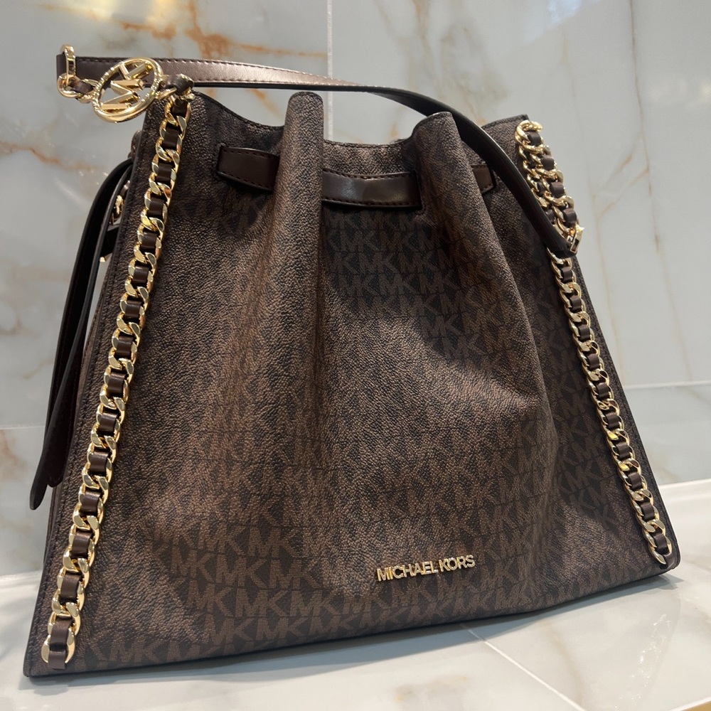 Michael Kors Brown Monogram Drawstring Shoulder Bag with Gold Chain